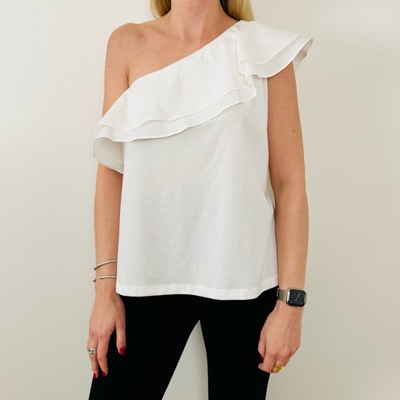 New Marc New York White Cotton One Shoulder Ruffled Blouse Top - Picture 2 of 5